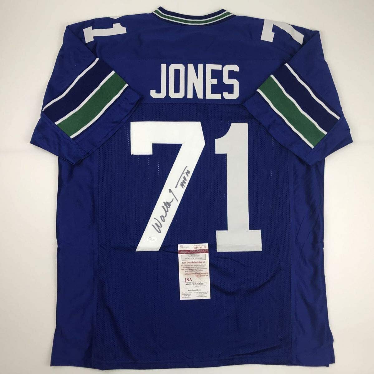 Autographed/Signed Walter Jones HOF 14 Seattle Blue Football Jersey JSA COA Thumbnail