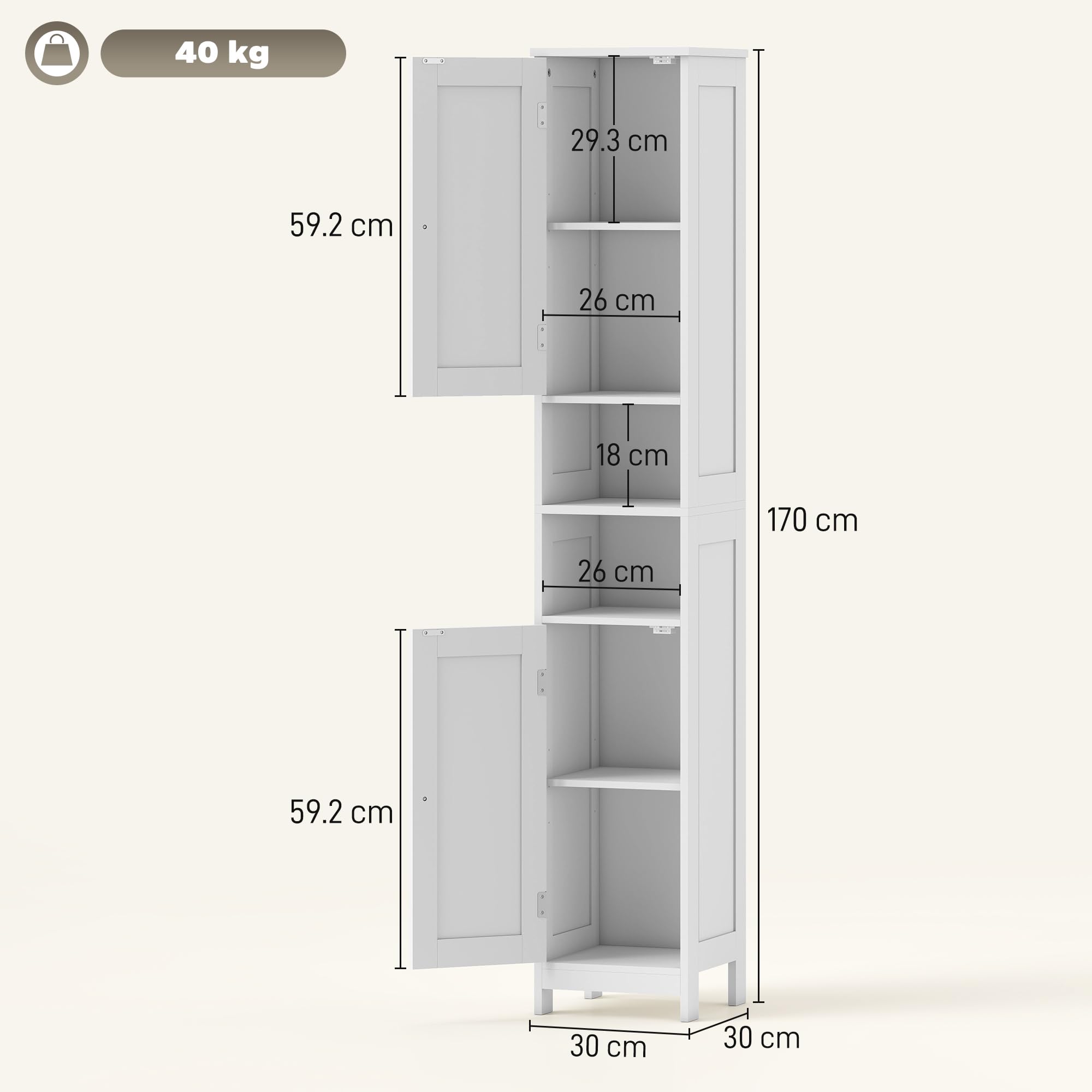HOMCOM Mobile Bagno a Colonna con 2 Armadietti e 2 Ripiani Aperti Mobiletto Bagno Salvaspazio con Ripiani Regolabili per Soggiorno Sala da Pranzo 30x30x170 cm Bianco