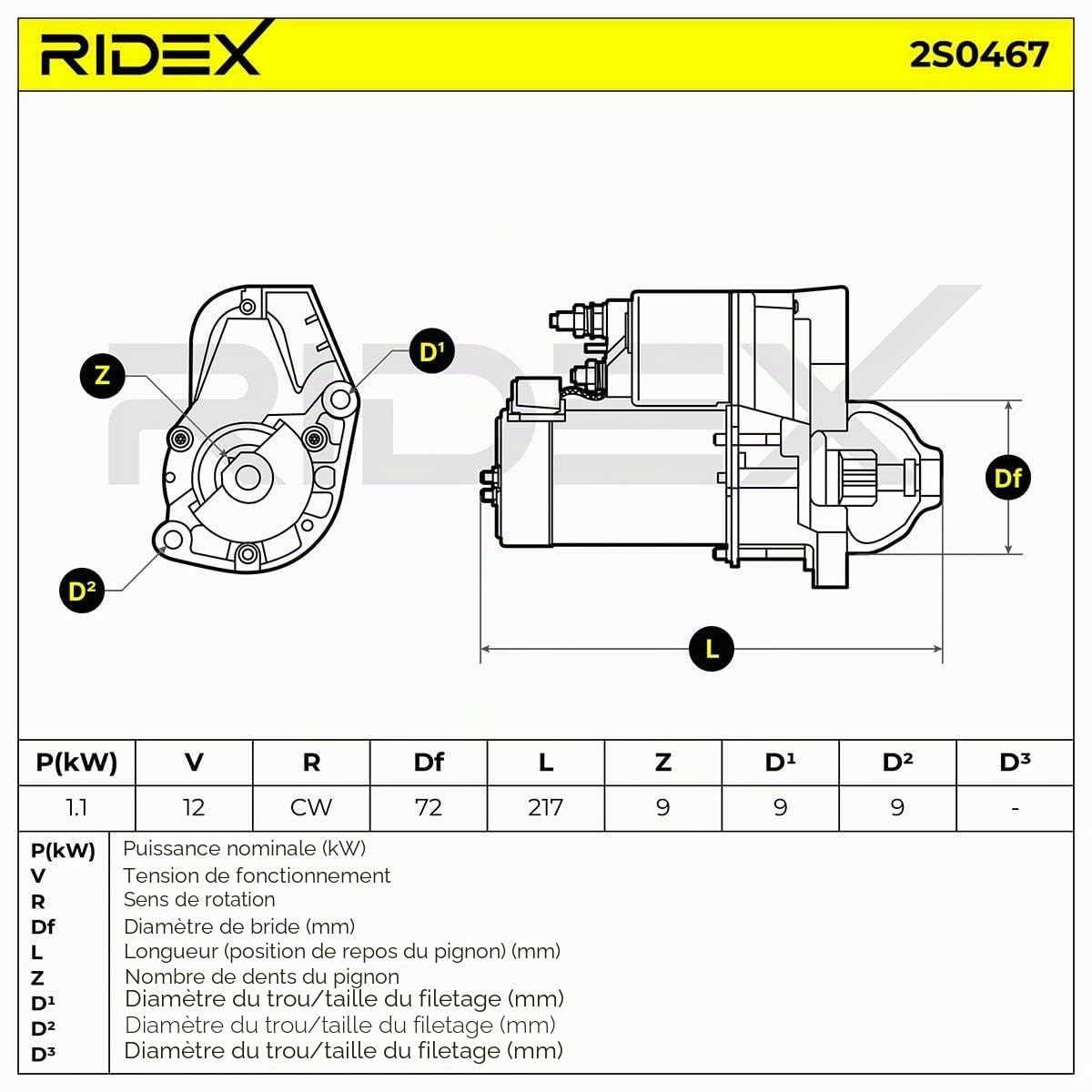 RIDEX 2S0467 Démarreur pour voiture 12V, 1,1KW, Compatible avec BMW 02 Berline E10 12412306001 12412306700