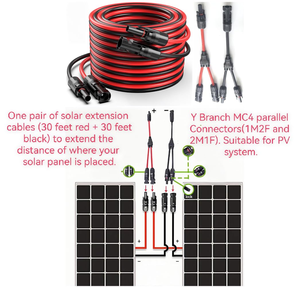 2 cavi di prolunga per pannello solare da 0,9 m, 10 AWG, 6 mm², con connettori impermeabili femmina e maschio, con 4 connettori a Y MC4, kit adattatore per camper, sistemi fotovoltaici (3)
