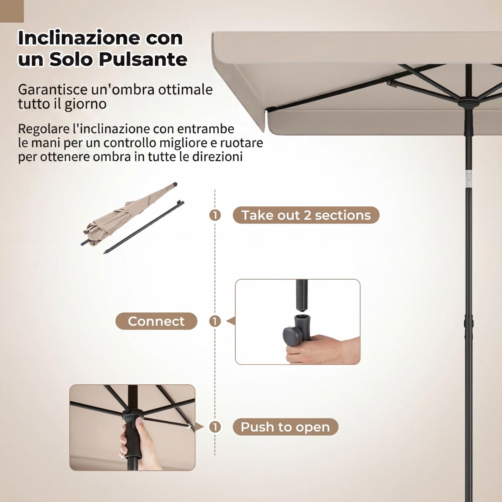 COSTWAY Ombrellone Balcone 200x130 cm, Inclinazione Regolabile (Beige) | Ombrellone con Borsa da Trasporto, Anti-UV, per Giardino, Terrazzo, Spiaggia