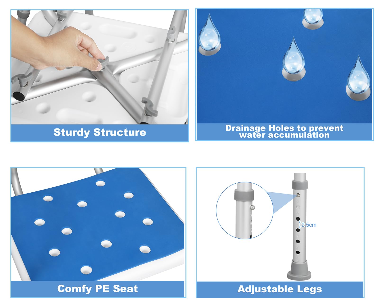 EUGAD Sgabello da Bagno Regolabile, Sgabello con Braccioli e Schienale, Sedia da Doccia per Anziani, Disabili, Sedile in PE, Gambe in Alluminio, Blu+Bianco