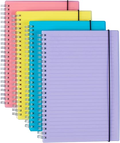 Paquete de 4 cuadernos en espiral con rayas universitarias, papel grueso de 4.23 ozm, diario de escritura A5 con banda elástica, 70 hojas por
