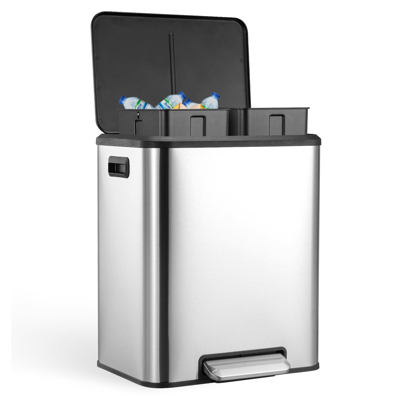 IDEALHOUSE 2 x 4 Gal (2 x 15L) Kitchen Dual Trash Can, 30 Liter Stainless Steel Recycling Bin, Removable Inner Bin and Soft Close Lid, Garbage Can for Home, Office, Business - Silver