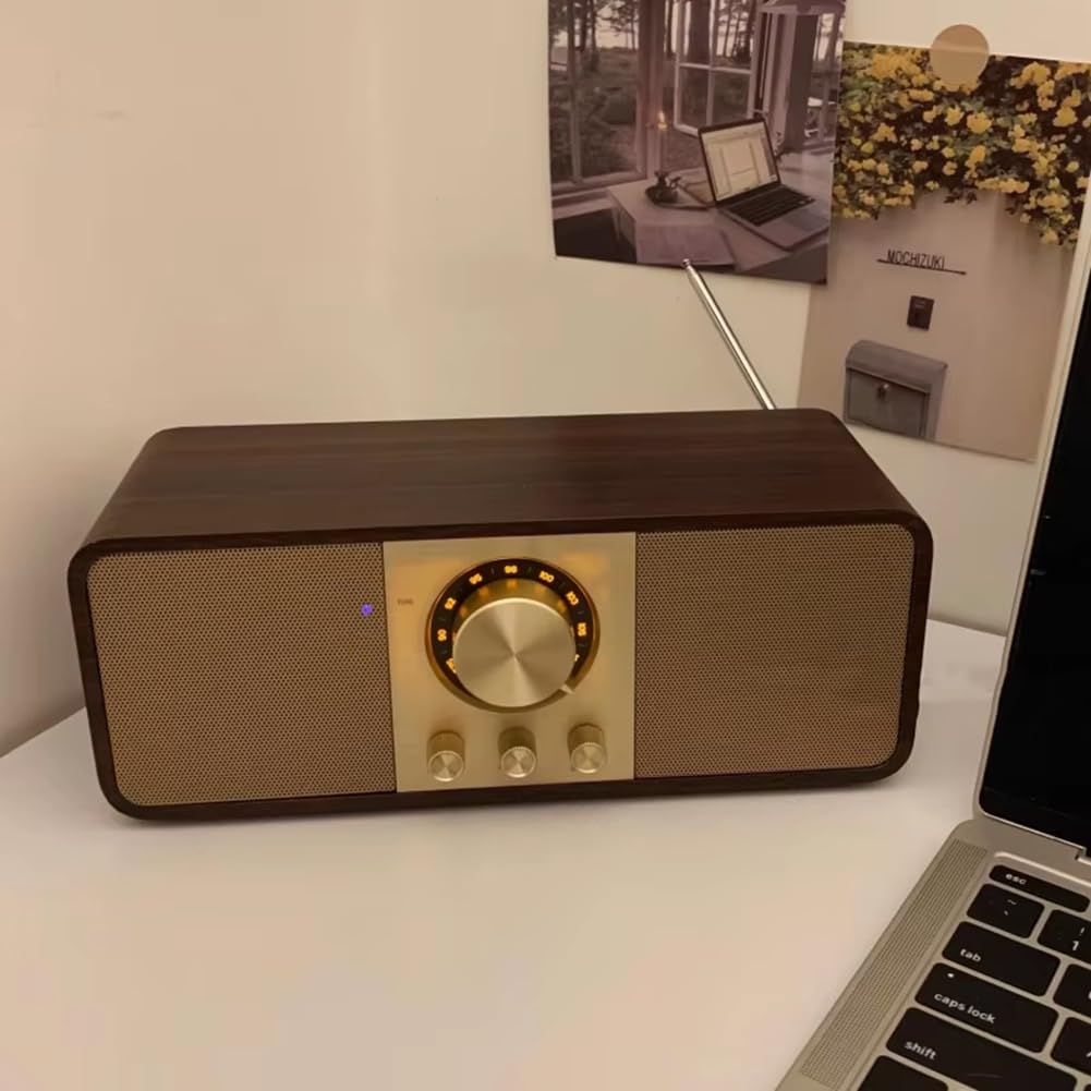 Radio FM Portable Rétro en Bois, Récepteur sans, Stéréo Hi-FI, Haut-Parleurs Bluetooth, Support Carte TF/Disque Auxiliaire A