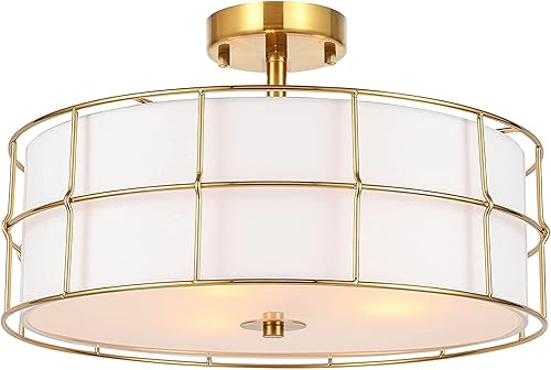 Miniatura 7 de Ludil 16" Semi Flush Mount Ceiling Light Fixture, 3-Light Gold Metal Mesh Drum Ceiling Light, Modern Close to Ceiling Light Fixtures with White