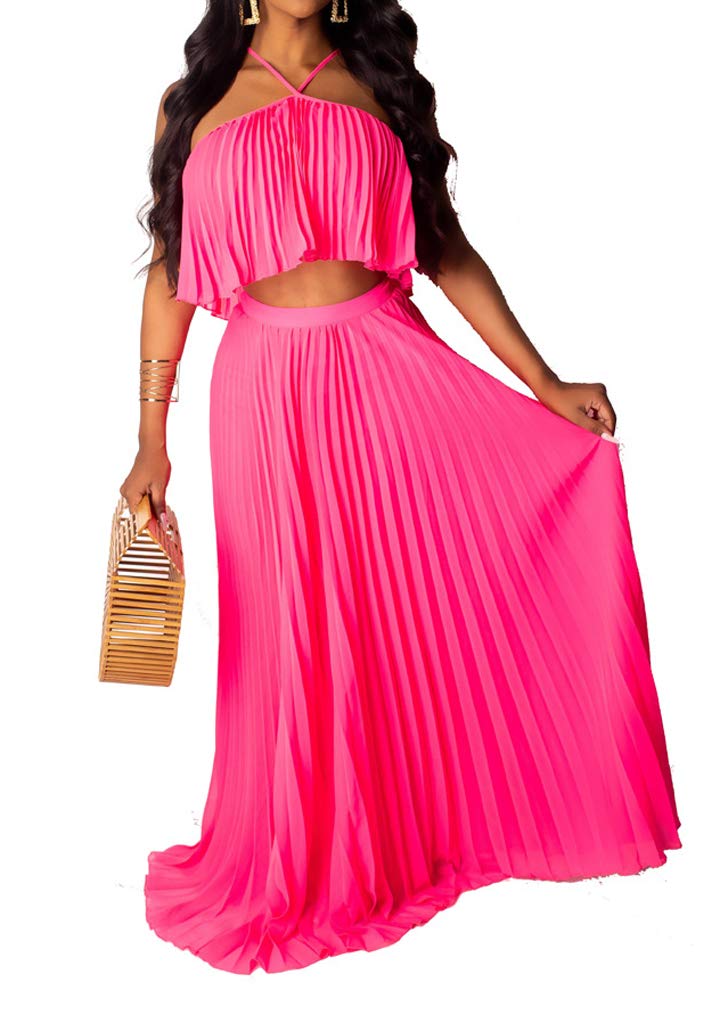 Women's Sexy Chiffon Sleeveless Ruffle Crop Top Pleated Long Skirt 2 Piece Maxi Dress