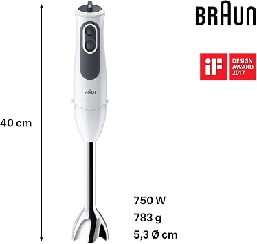 Braun Household MultiQuick، MQ3105B، خلاط يدوي، 11 سرعة، تقنية التحكم في الرش، أجزاء آمنة للاستخدام في غسالة الأطباق، حاوية بلاستيكية خالية من مادة BPA، 600 مل، مخفقة مزدوجة جديدة، أبيض