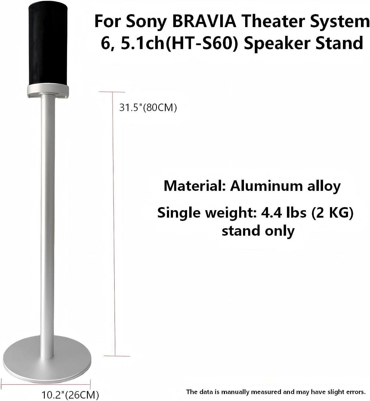 Speaker Floor Stand Compatible with Sony BRAVIA Theater System 6, 5.1ch Home Theater System (HT-S60 Aluminum Alloy, Hidden Power Cord, Easy Installation, Stand Only (Black Pair)