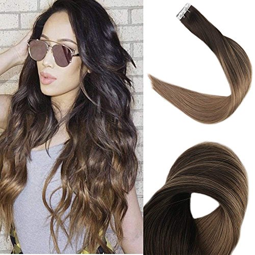 [Promotion]Full Shine 18" Tape in Hair Extensions Pastel Balayage Ombre Hair Extensions Color #2 Fading to #8 Full Head Real Hair Glue in Extensions 50g 20 Pcs Per Package