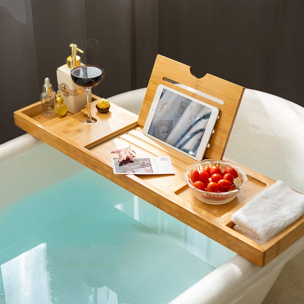 Plateau Baignoire Bambou Extensible SereneLife - Support Livre & Téléphone Avec Coffret Cadeau Luxe Et Ruban Rouge