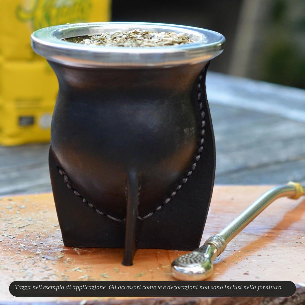 Tappetino in vetro rivestito in pelle nera da 200 – 250 ml, set da tè mate, moderno argentino, tè Yerba Mate non lavabile in lavastoviglie, Bombilla non incluso