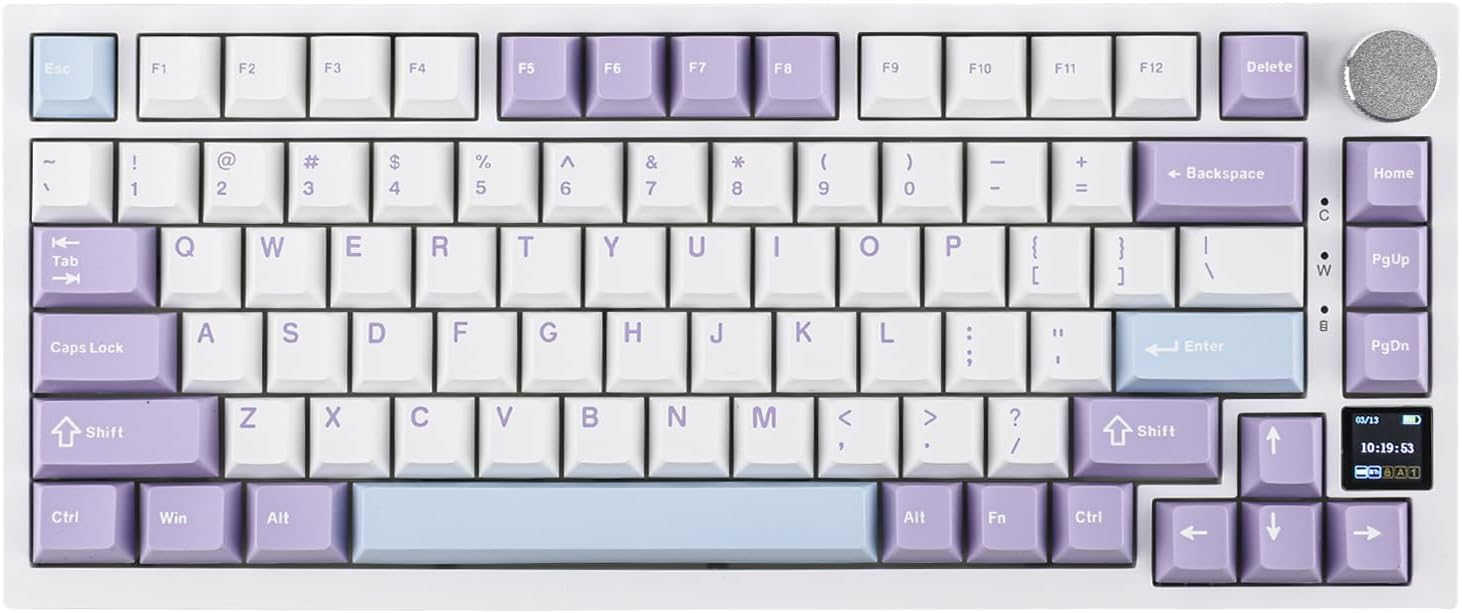 Ajazz AK820 Pro 75% Gasket-mounted Mechanical Keyboard with TFT Screen, 3 Modes(Bluetooth 5.1/2.4G Wireless & Type-C Wired), Sound Dampening Foams (White Purple, Ajazz Flying Fish Switch)