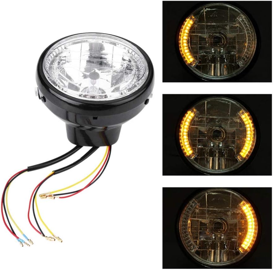 7" Universal Motorcycle Headlight,12V H4 35W Round Motorcycle Headlight with Hi/Low Beam/Yellow Turn Signal, Black Bracket, Motorcycle LED Headlight Assembly for Most Motorcycles and ATVs