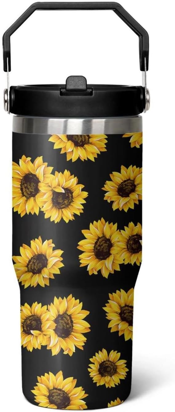 qwpmvhsak Sunflower 30 oz Stainless Steel Insulated Tumbler with Handle Lid and Straw, Leakproof Tumbler with Straw, Sunflower Decor