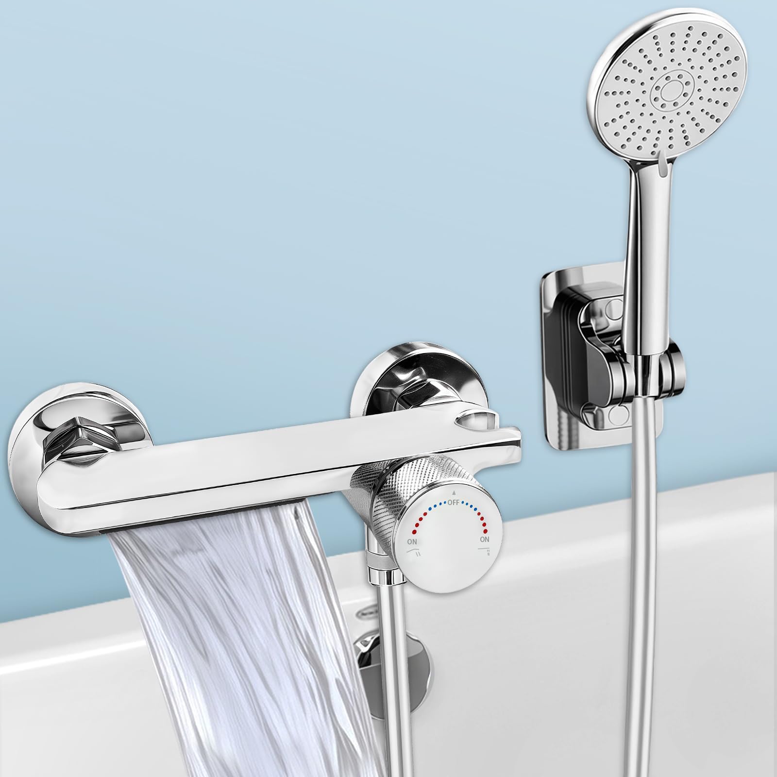 Rubinetto Vasca da Bagno a Parete, Miscelatore Cascata con Doccetta, Tubo 1,5m Antigroviglio, Ottone Massello, Cromato Argento