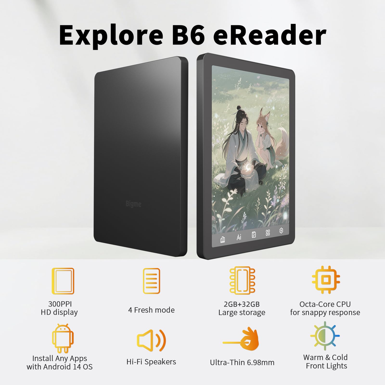 Bigme Czytnik e-booków B6, czytnik e-Ink o przekątnej 6", kolorowy czytnik e-booków, tablet z systemem Android 14, 2G + 32 GB, regulowane światło przednie z systemem Android eReader urządzenie z