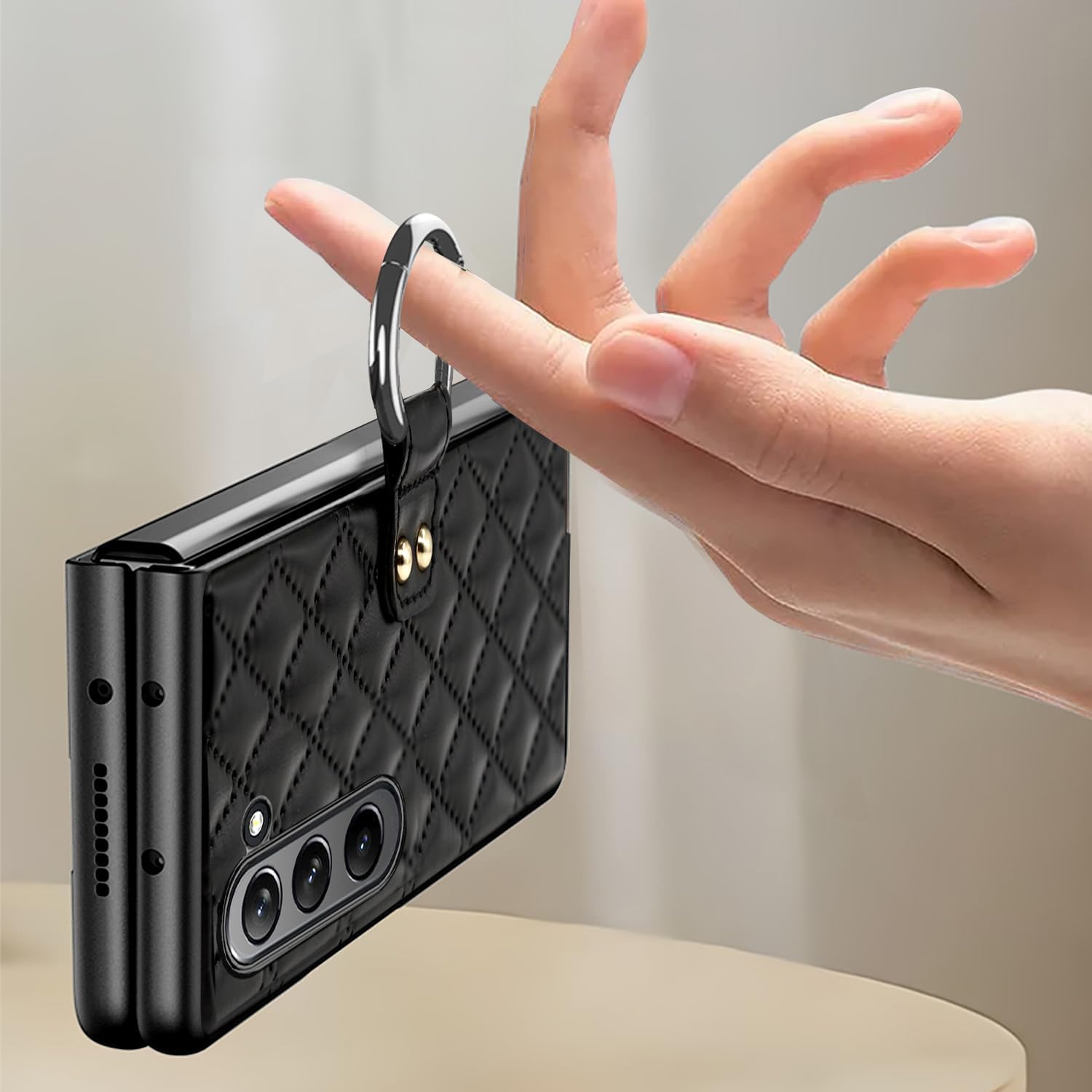 for Samsung Galaxy Z Fold 5 High-end Stylish Business Diamond Leather Phone Case with Ring Design, Anti-Slip, Anti-Drop, and Two-in-One Protection.(Dark Green)