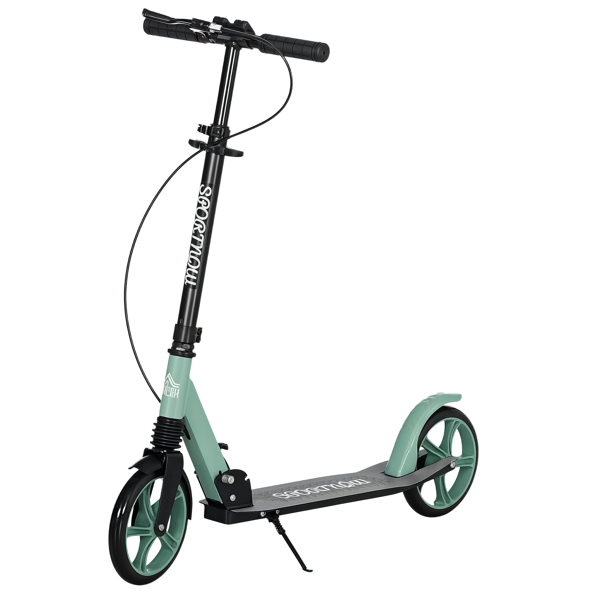HOMCOM Patinete Plegable para Adultos y Niños de +14 Años Scooter Ligero con Manillar Ajustable Grandes Ruedas Ø200 mm Amortiguador y Freno Aluminio Carga 100 kg 91,5x36,5x91-104 cm Verde