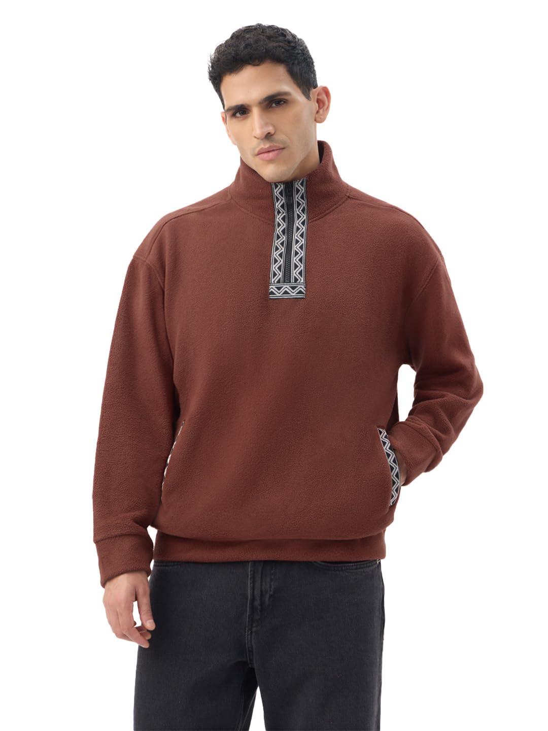 the souled store Oversized Sweatshirt: Tapestry Men and Boys Full Sleeves High Neck Brown Embellished Polar Fleece Warm Lightweight Everyday Oversized Sweatshirt-picture-35