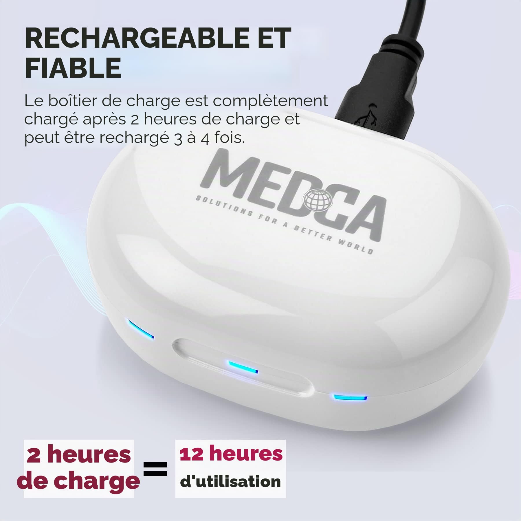 MEDca Appareil personnel numérique nouvelle génération intra-auriculaire avec réduction du bruit - Ensemble de 2 pièces rechargeables ITE, étui de chargement portable, blanc