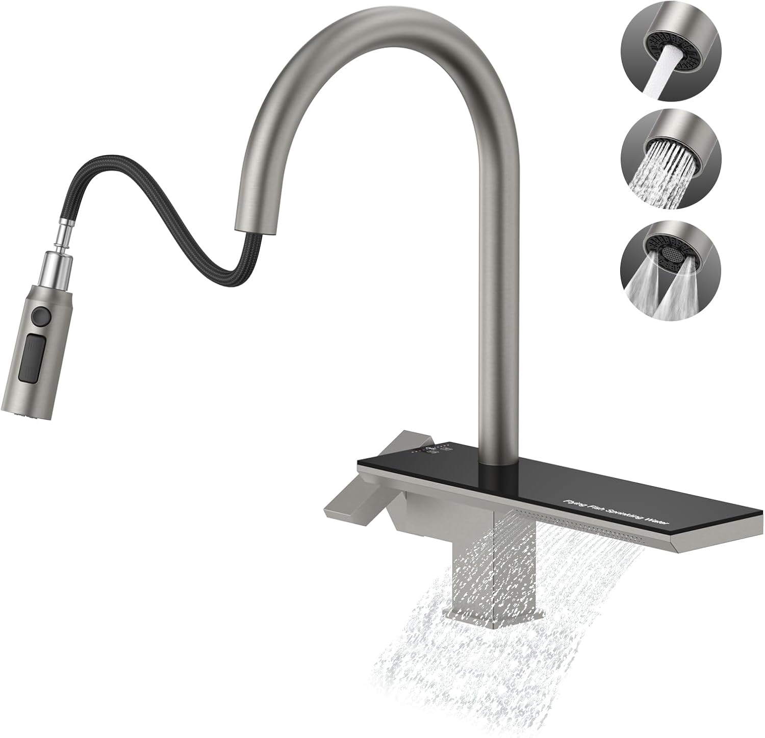 MBILLION Waterfall Kitchen Faucet with Pull Down Sprayer Brushed Nickel Stainless Steel 4 Function Kitchen Sink Faucet with Waterfall Outlet Magnetic Docking Spray Head Extended Faucet Single Hole