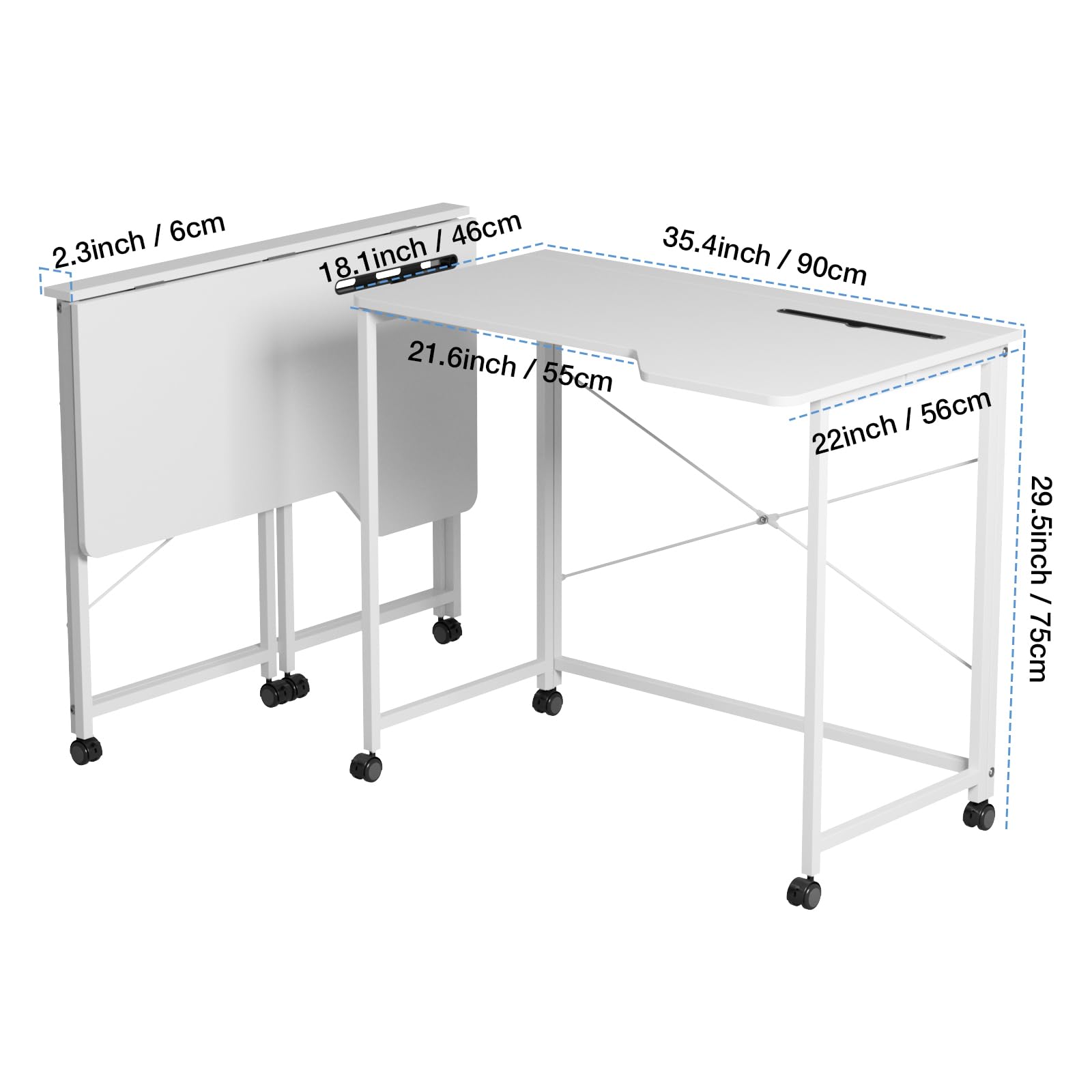 Mesa Escritorio Plegable con Ruedas, Mesa Ordenador Portatil, Mesa de Estudio para Casa Oficina, Mesas Plegables Cocina, Escritorio para computadora Manualidades, Blanca, 90x56x75cm