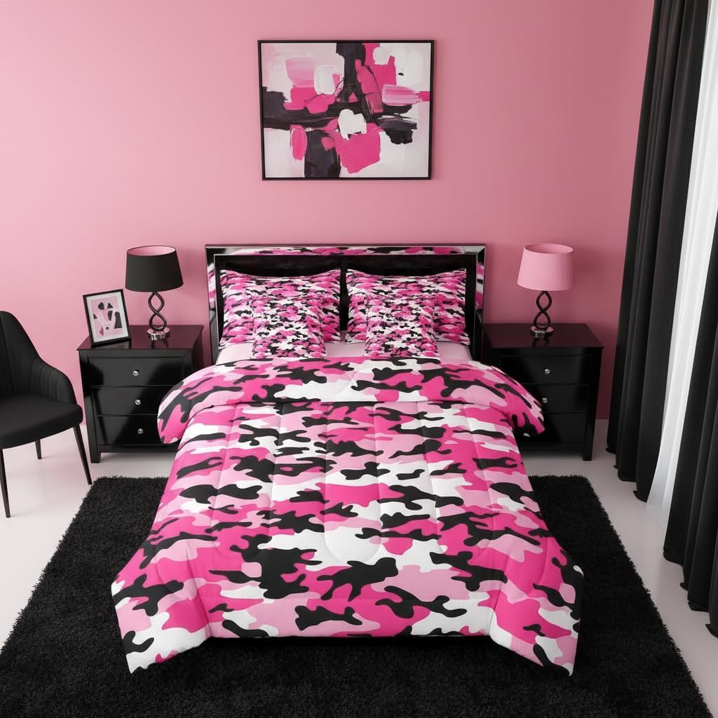 Erosebridal Pink Camouflage Bed in A Bag Queen 7 Piece Girly Army Retro Campaign Comforter Set | Camo Militarily Tie Dye Bedding Sets Boys Girls Military Themed Geometric Sheet Set with Comforter