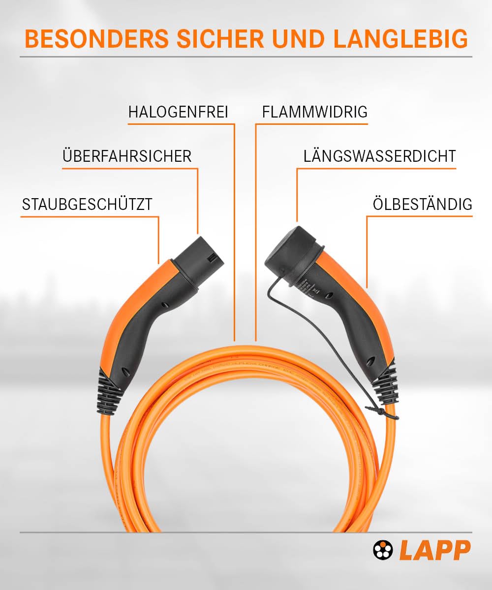 Lapp Mobility Typ 2 Ladekabel 11 KW, Orange, Buchse auf Stecker, Glatt, 20 A, 3-Phasig, E-Auto Ladekabel, Mode 3, 5m