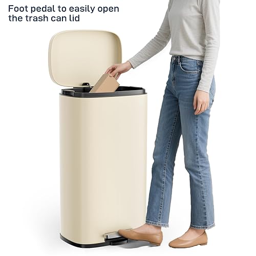 Miniatura 9 de Arlopu Cubo de basura de 8 galones, de acero inoxidable, cubo de basura de cierre suave con cubo interior de plástico extraíble, a prueba de huellas