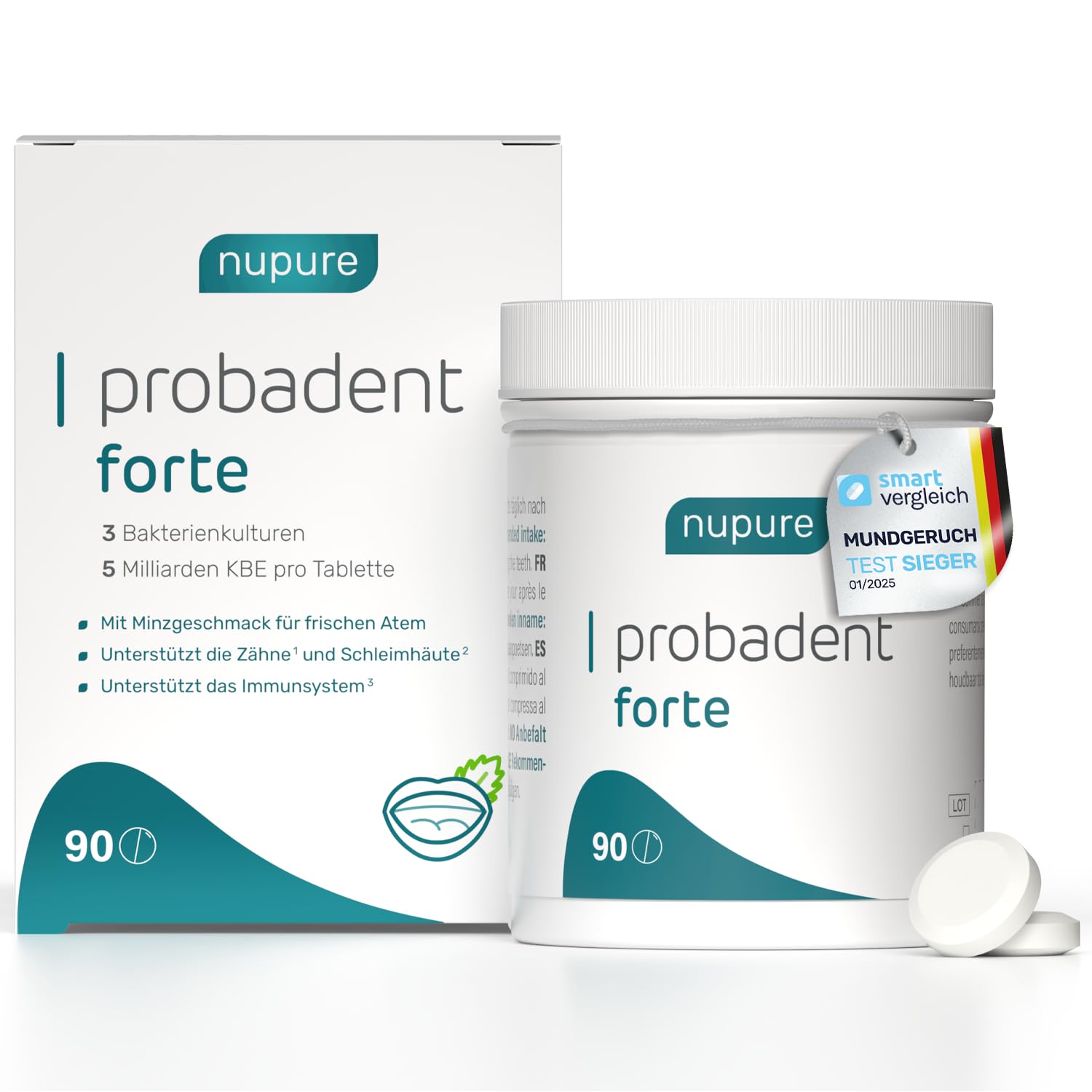 Nupure® Probadent Forte Mundgeruch Bekämpfen mit Mundmikrobiom-Lutschtabletten mit 3 Milchsäurebakterienstämmen, Vitamin D3 und Biotin, Pfefferminzgeschmack, zuckerfrei, 90 Lutschtabletten