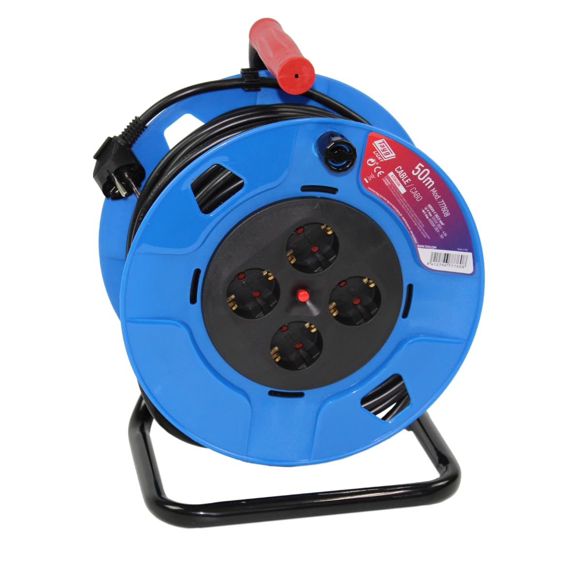 Tayg 777608 - Avvolgicavo 4 basi, 250 V, 13 A, 4.000 W, cavo H05VV-F 3G1.5, 50 metri, colore blu e nero