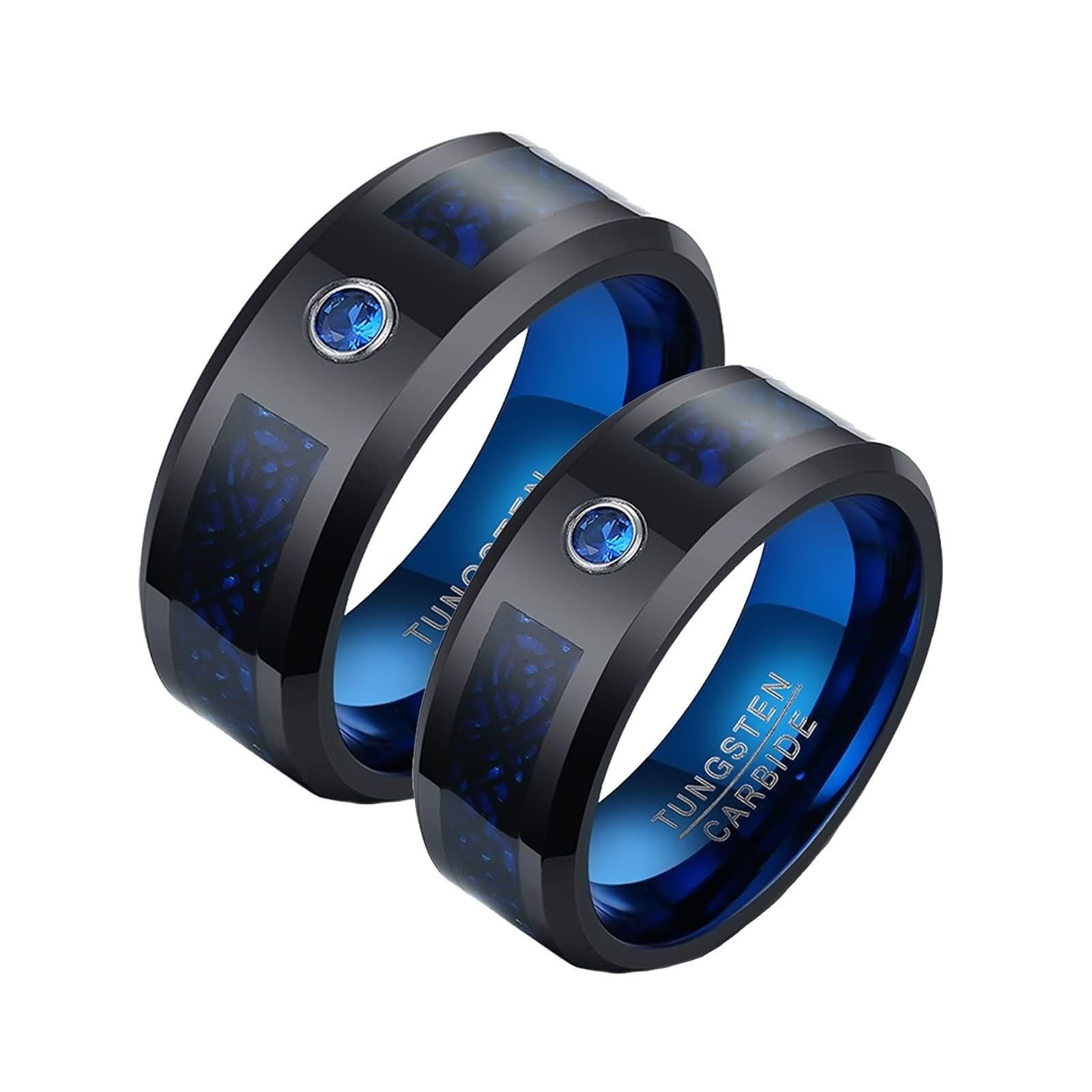 Daesar Bague de Fiancaille Couple, Anneau Femme et Homme Tungstène Ronde Fibre de Carbone Polie 8MM avec Zirconium Bague Mariage Noir Bleu