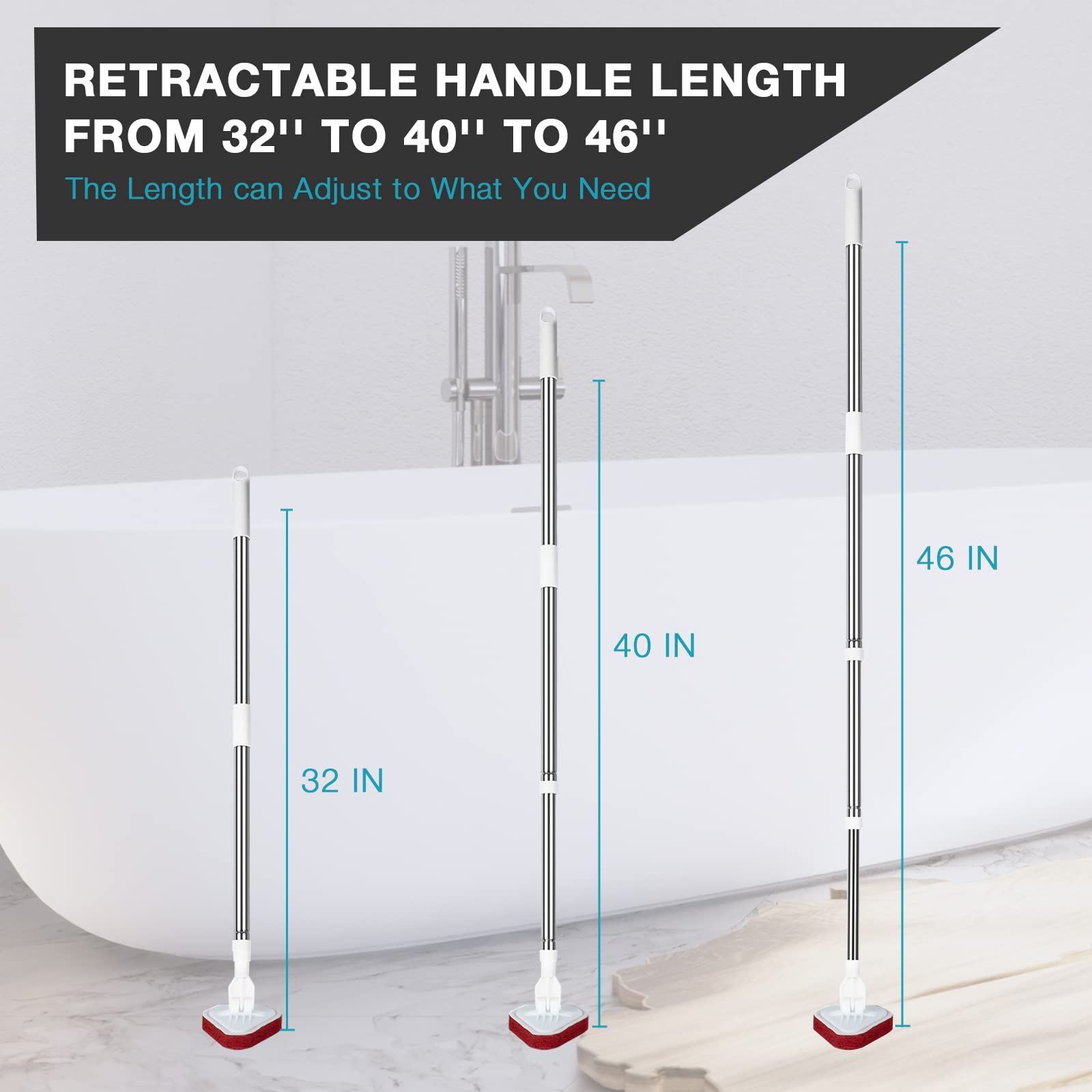 Shower Bathtub Tub & Tile Scrubber Cleaning Brush with Long Handle 46'' - 2 in 1 Scrub Brush Extendable Floor Brush with 3 Sponge & 1 Stiff Bristles Brush for Bathroom Toilet Kitchen Wall