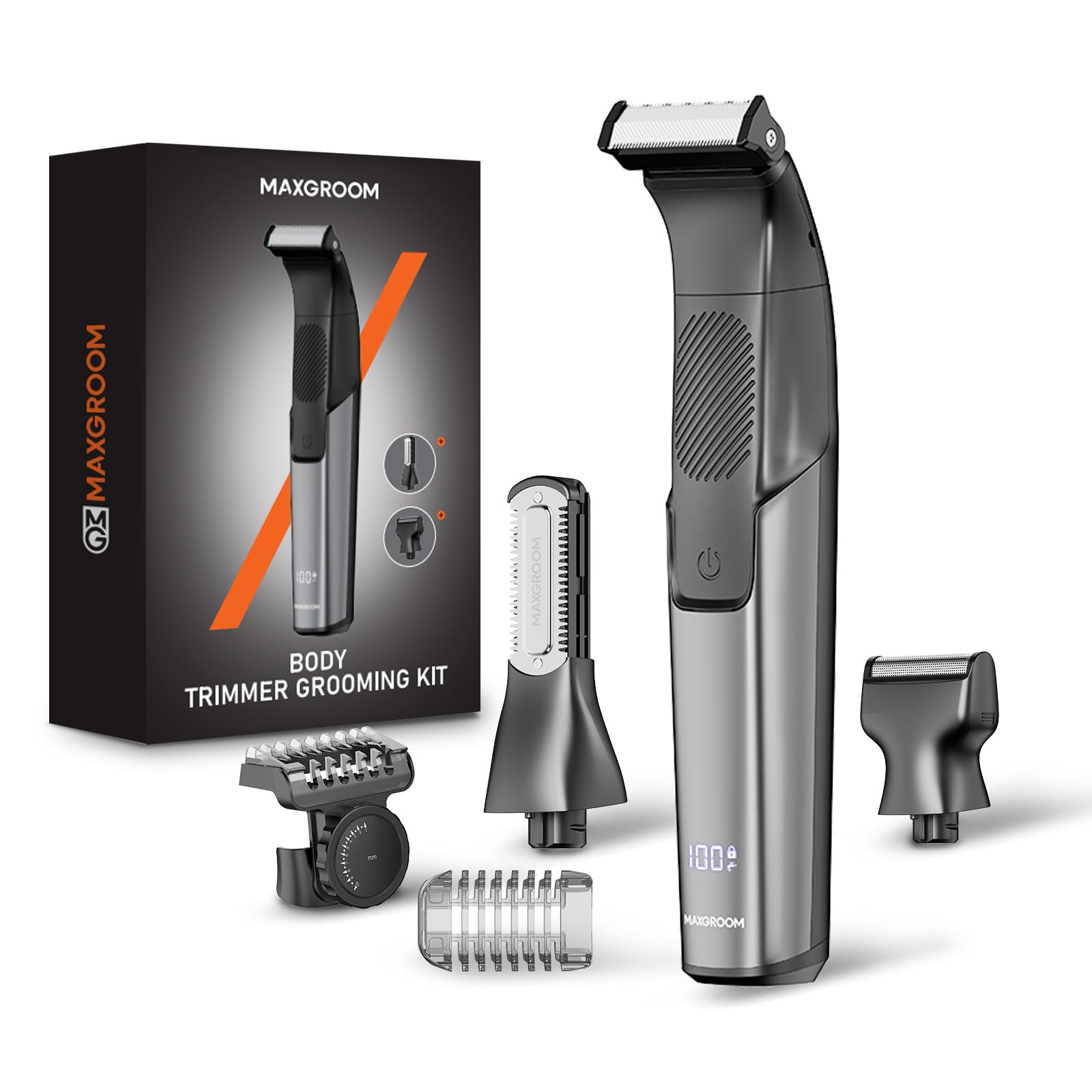 MAXGROOM Afeitadora Corporal Masculina 3 en 1, Depiladora Corporal Hombre con Peine Ajustable para Cuerpo y Zona Intima, en Seco y Húmedo, Pantalla LED y Recargable Tipo-C, Negro