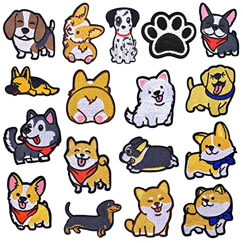 Jinlaili 17 Pièces Animaux Broderies Écusson, Décoratifs Brodé Applique de Chien, Mignon Thermocollant Ecusson à Coudre, Autocollant de Patch à repasser pour DIY...