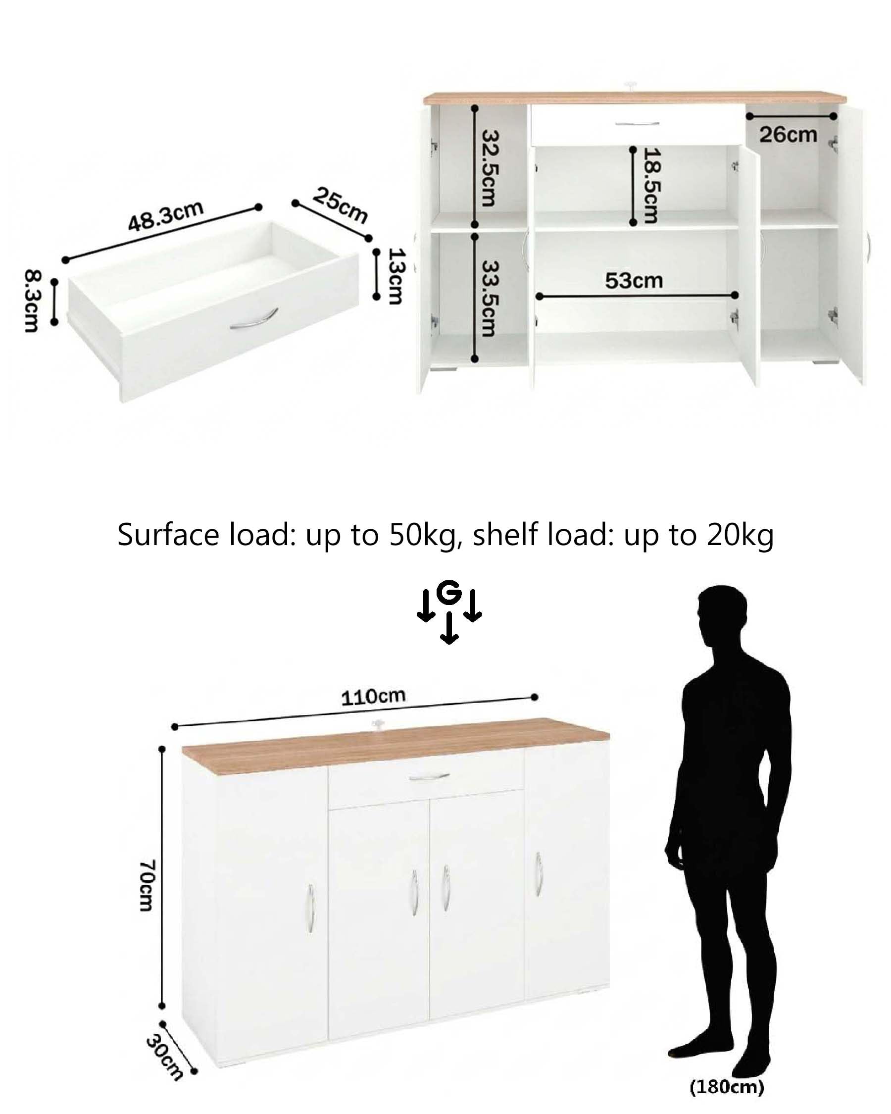 Comò Soggiorno Bianco 110 x 30 x 70 cm Comò Camera da Letto Mobile Soggiorno con 4 Ante e 1 Cassetto Credenza Bassa Mobile Contenitore per Ingresso Cucina
