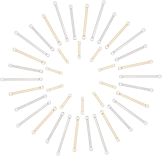 CREATCABIN 1 Box 40Pcs 3 Sizes Bar Link Charm Brass 2-Hole Stick Strip Earrings Connectors Long Vertical Rectangle Blanks Pendants for Jewelry Making Charms Bracelets Findings, Golden Silver