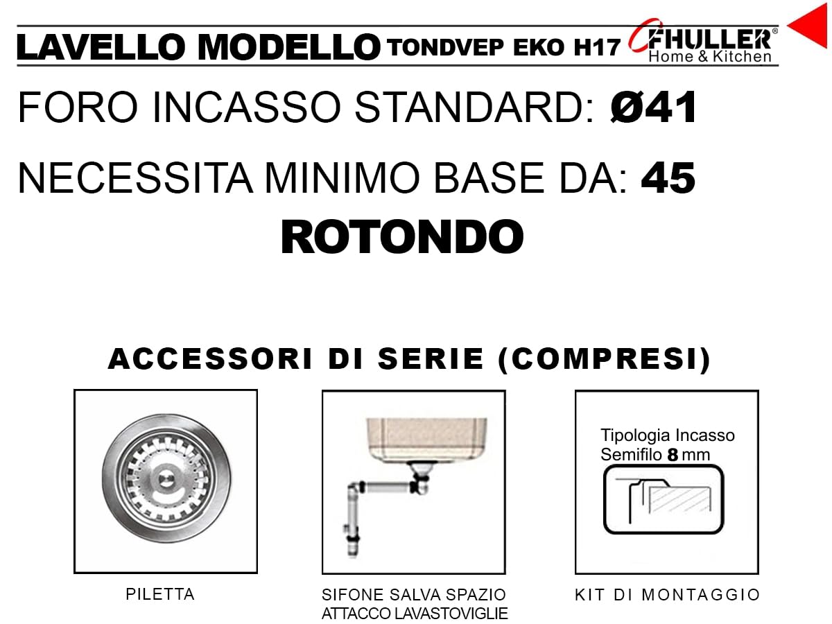 TONDVEP EKO H17 ● Lavello Lavandino Pozzetto Tondo Circolare Monovasca Incasso Cucina FHULLER Serie ROTONDO Acciaio Inox Prelucidato Ø cm. 43,5 1 Vasca Altezza 17 EKONOMICO Sopra Tops Made in Italy