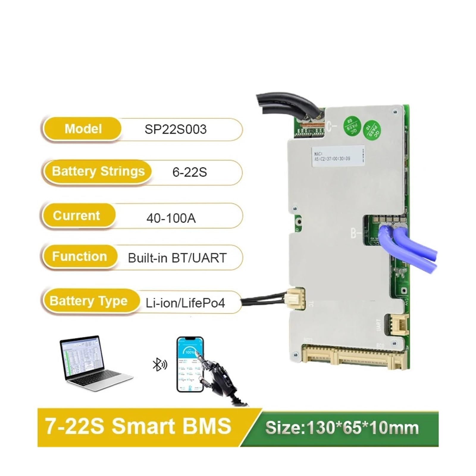 Piastra di protezione della batteria agli ioni di litio Bilanciatore BMS 6S 8S 10S 12S 14S 15S 16S 18S 20S 21S 22S BMS Lifepo4 100A 80A 50A 40A 24V 36V 48V 60V BT integrato con NTC(Li-ion 6-21S,80A UA