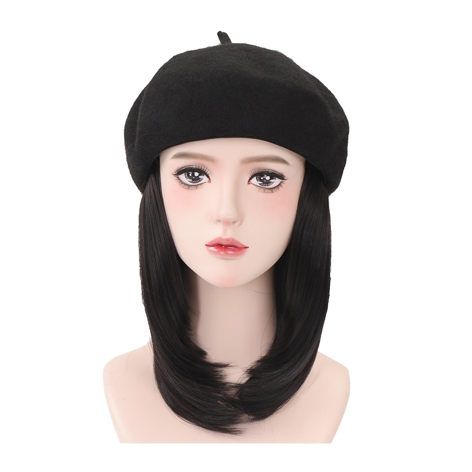 Gorra Calva Peluca Ladies Hat sintética recta corta Extensiones de cabello negro 16 pulgadas Cabello liso for damas Gorro de Pelo(2)