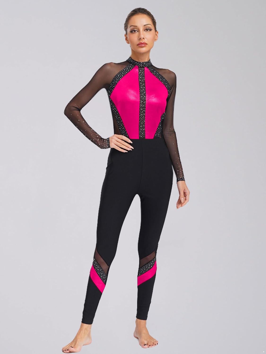 Women Rhinestone Gymnastics Leotard Unitard Full Body Long Sleeve Color Block Figure Ice Skating Jumpsuit