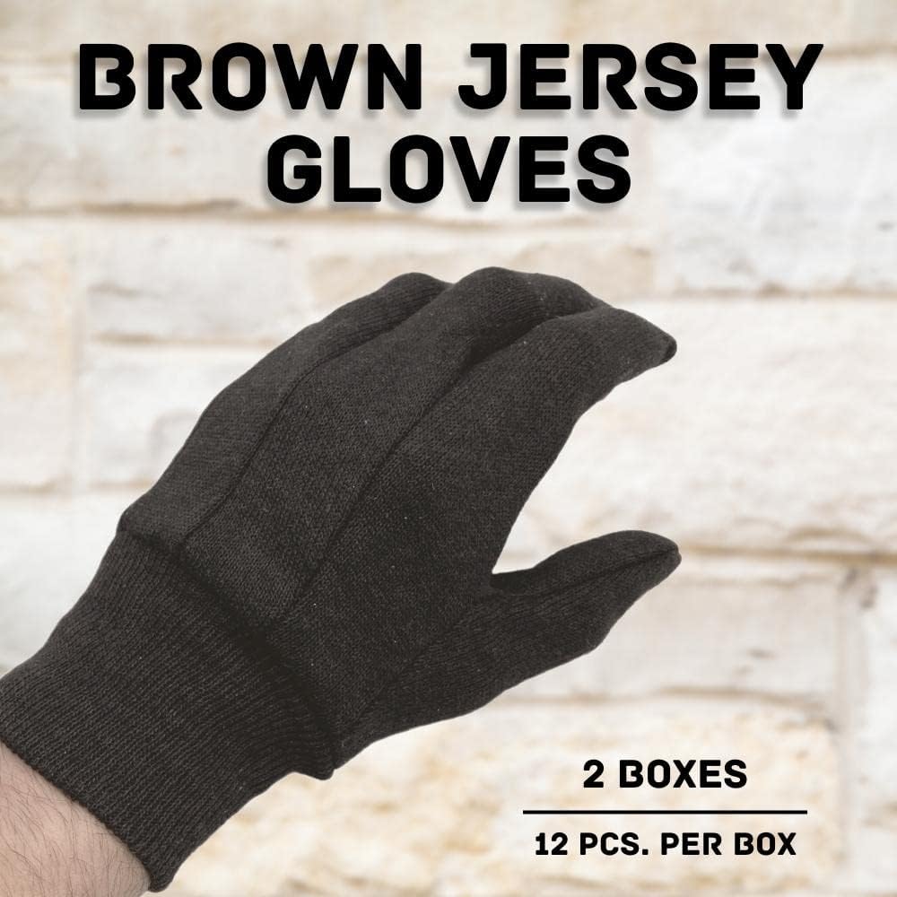 PackagingSuppliesByMail PSBM 24 Pairs Brown Jersey Gloves for Men, Large Size, Industrial Grade, Non-Disposable Safety Work Gloves, Lightweight Cotton Blend