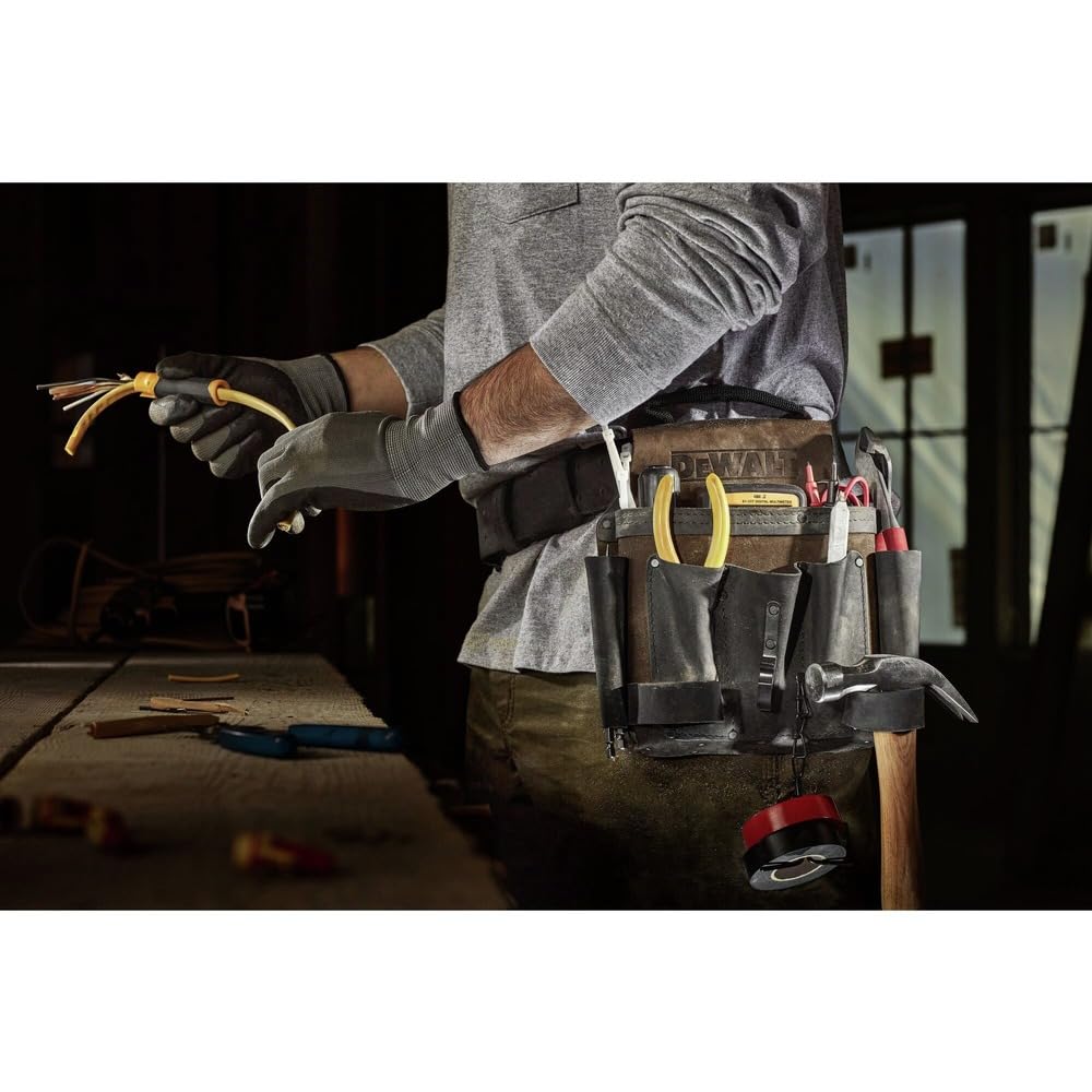 DEWALT Bolsa de Herramientas, para electricistas, Cuero, 8 Bolsillos, Trabillas para Martillo y Cadena de Cinta, marrón (DWST550114)