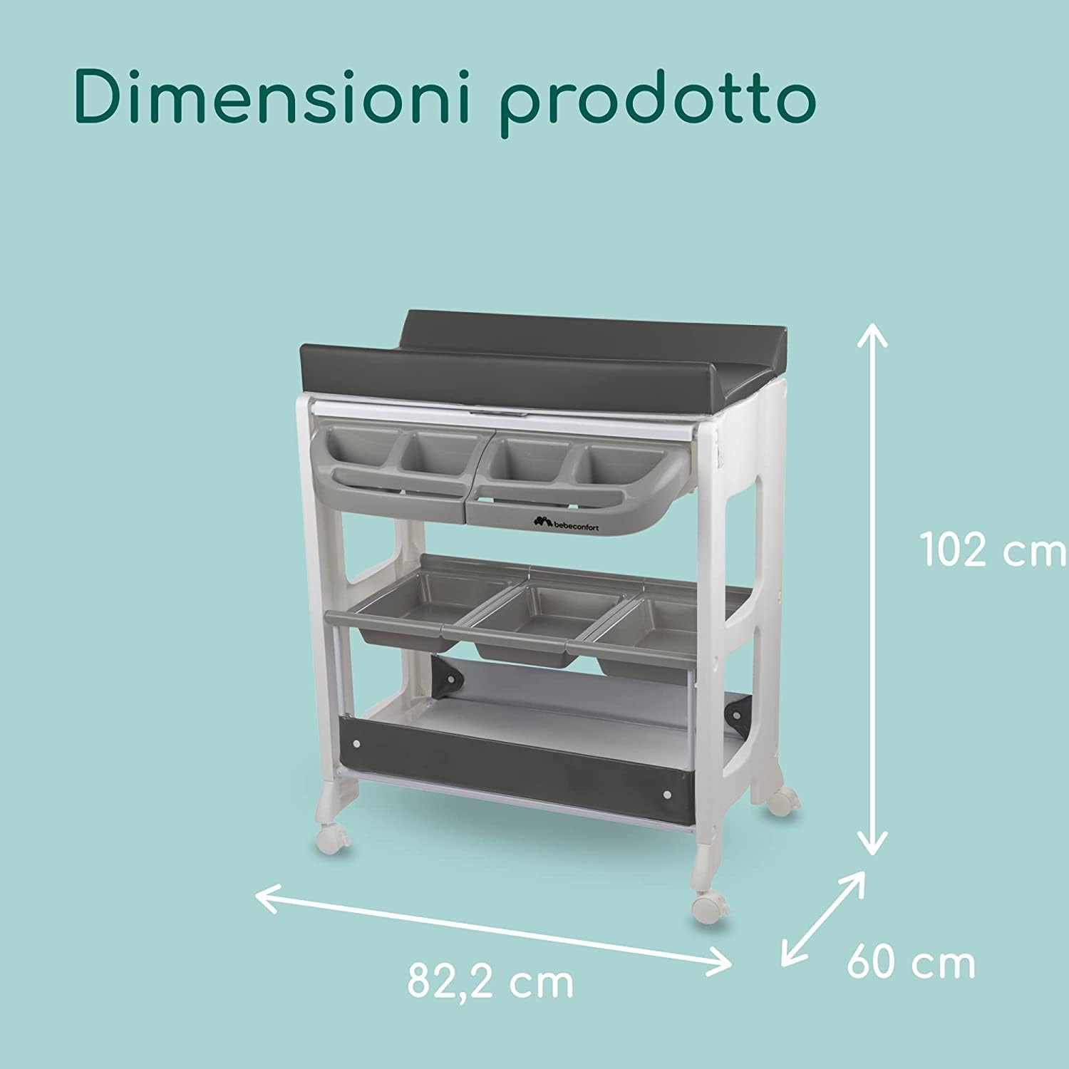 Bebeconfort Dolphy Fasciatoio 2 in 1 con Vaschetta Bagnetto, 0-12 Mesi (max 11kg), Ruote, Cassettiera, Grey Mist