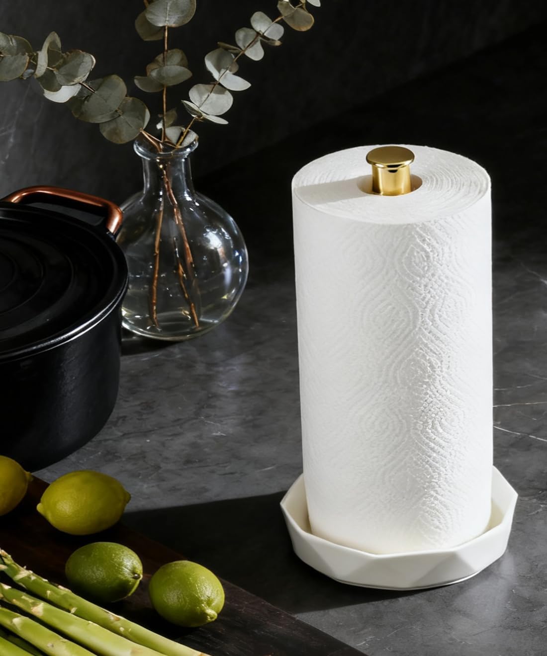 VROOMIUM Paper Towel Holder, Ceramic Base Water & Oil Resistant, Fits Double and Family Size Rolls, Stable and Easy to Clean Kitchen Roll Stand- Gold