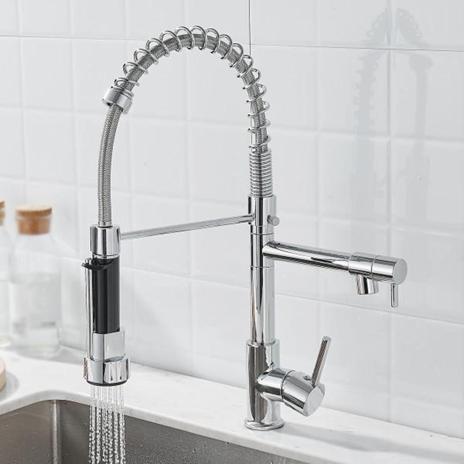 FCXWEVR Kitchen Faucet DualFunction Mixer Tap for Sink 360° Swivel Hot & Cold Water Dual Outlet Single Hole Installation Chrome Finish