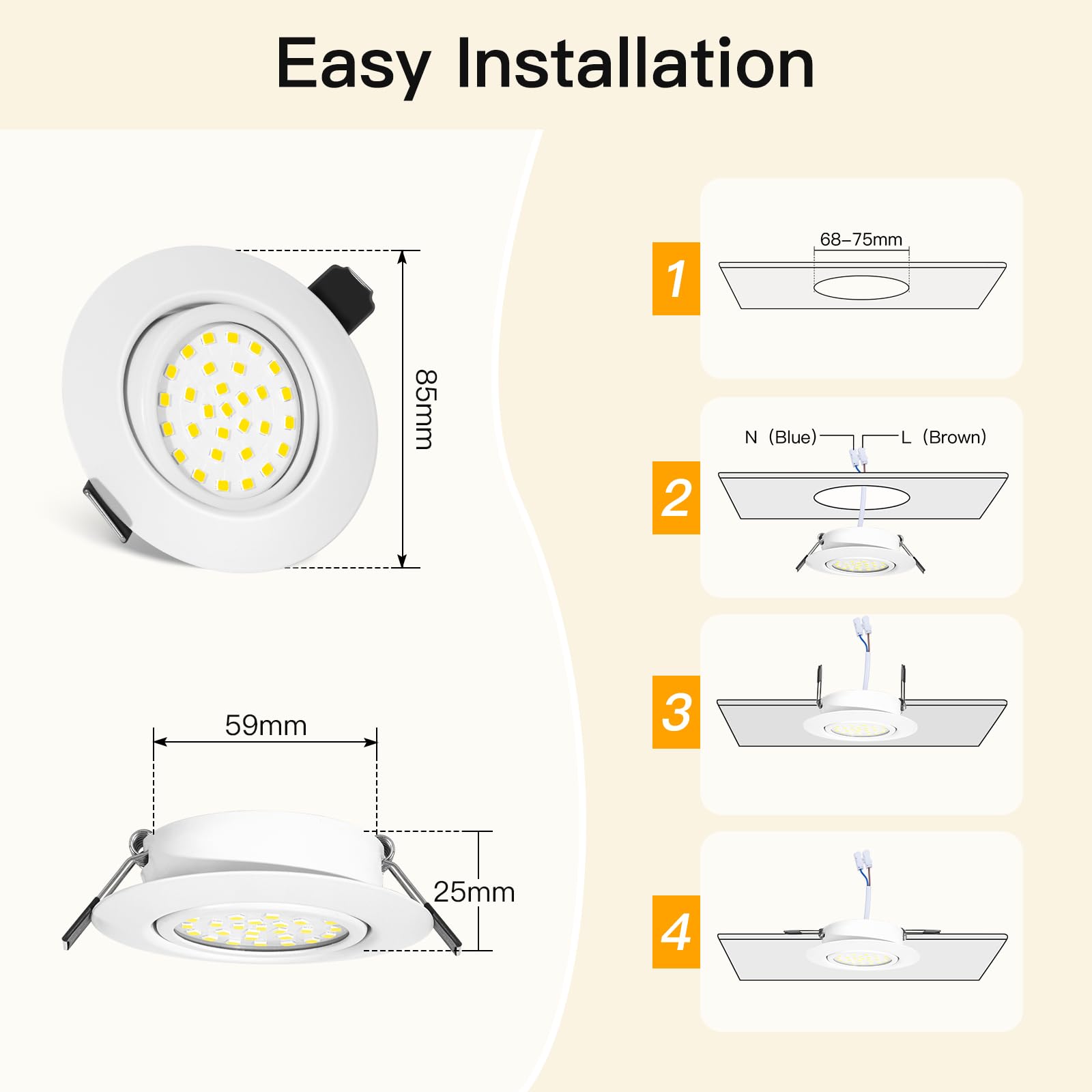 Reflektor LED do zabudowy, bardzo płaski, 25 mm, wpuszczany reflektor 2700 K, ciepła biel, 5 W, 600 lm, Equi. 70 W żarówka halogenowa IP44 wpuszczana sufitowa, do łazienki, salonu, pudełko 10 sztuk