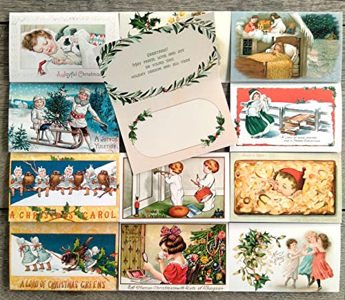 Image of PIXILUV CHRISTMAS CHILDREN (Pack of 12) Notecards Small Greeting Cards # Children on Christmas Evening and Morning ~ Vintage Christmas Postcards Reprint