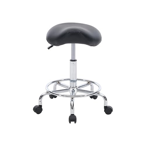 KORVYAL Adjustable Height Saddle Stool, Swivel Rolling Base with Wheels | Ergonomic Saddle Chair, Black PU Finish, Full 360 Rotation, Smooth Quiet Casters, Studio Fit, Quick 17-Minute Assembly